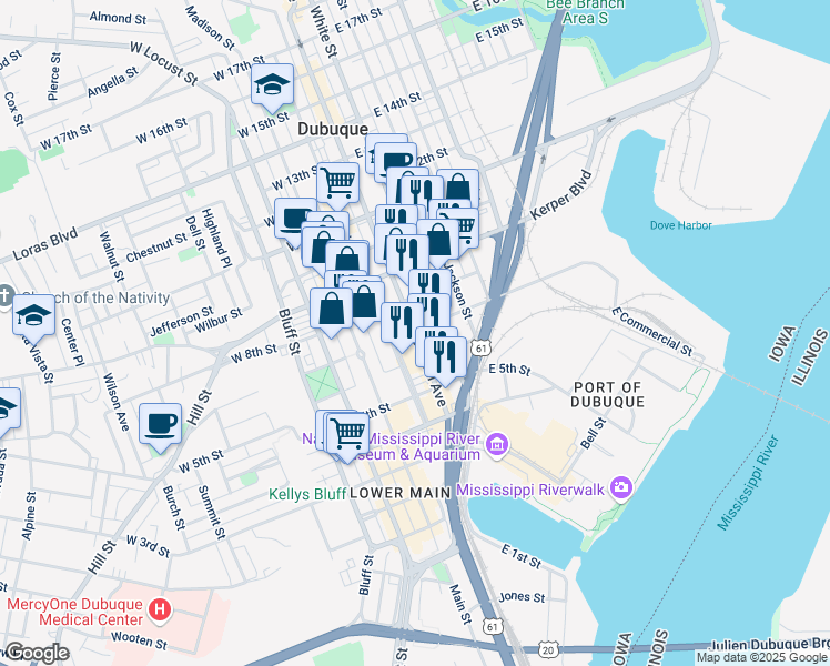 map of restaurants, bars, coffee shops, grocery stores, and more near in Dubuque