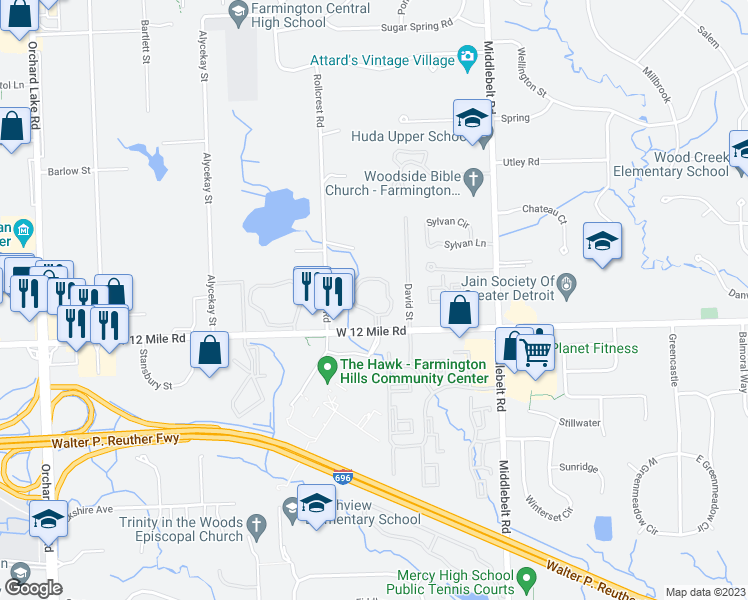 map of restaurants, bars, coffee shops, grocery stores, and more near 29870 West 12 Mile Road in Farmington Hills