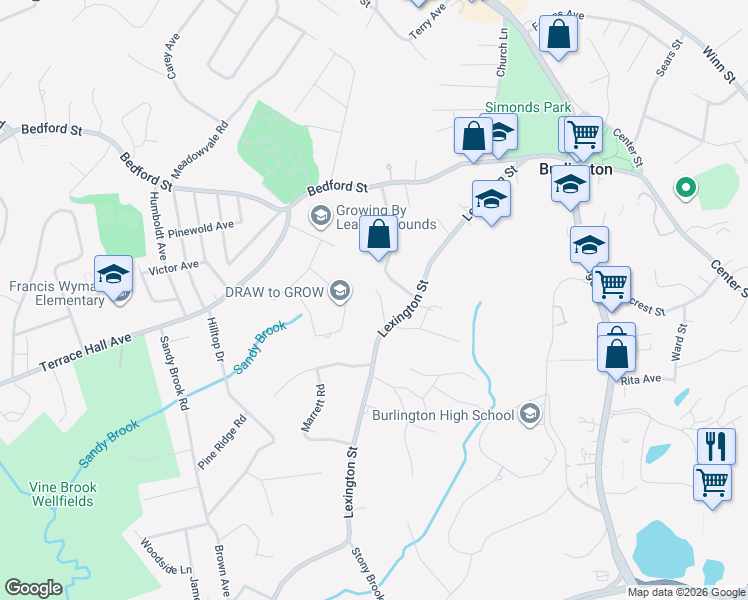 map of restaurants, bars, coffee shops, grocery stores, and more near in Burlington