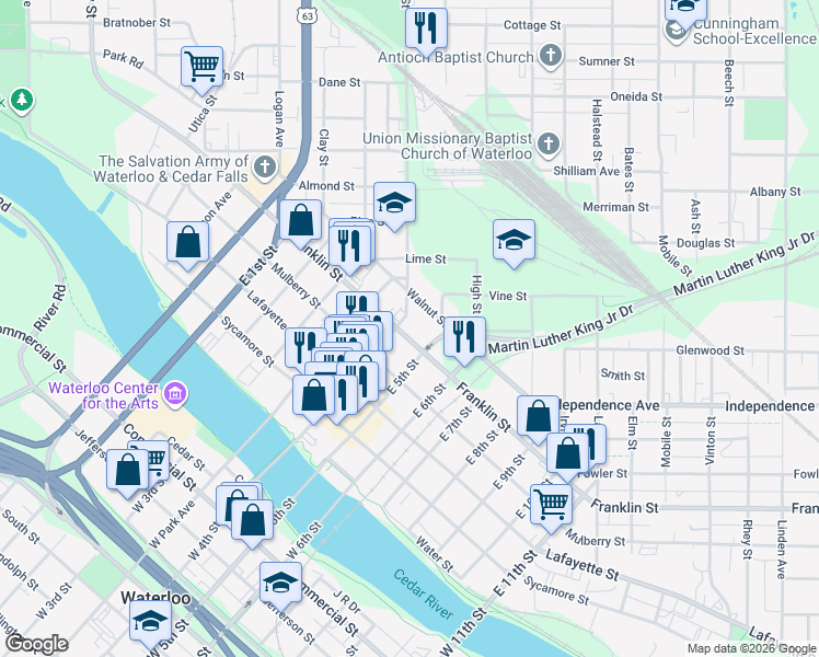 map of restaurants, bars, coffee shops, grocery stores, and more near 524 East 4th Street in Waterloo