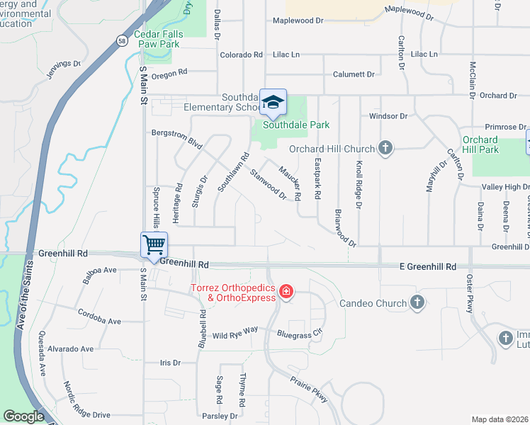 map of restaurants, bars, coffee shops, grocery stores, and more near 606 Melendy Lane in Cedar Falls