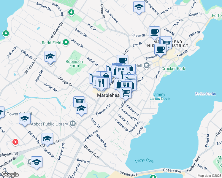 map of restaurants, bars, coffee shops, grocery stores, and more near 1 Pleasant Lane in Marblehead