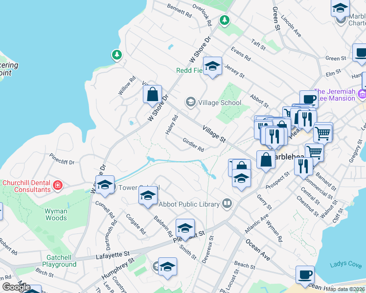 map of restaurants, bars, coffee shops, grocery stores, and more near 7 Girdler Road in Marblehead