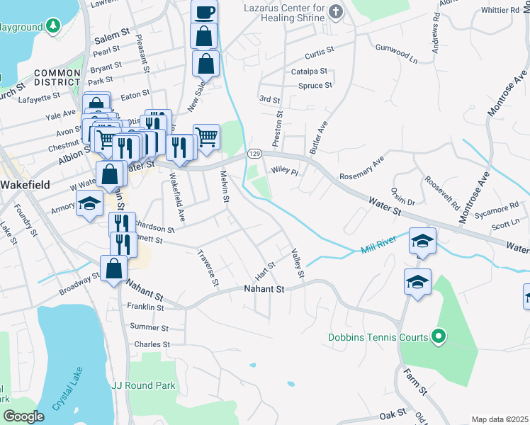 map of restaurants, bars, coffee shops, grocery stores, and more near 34 Valley Street in Wakefield