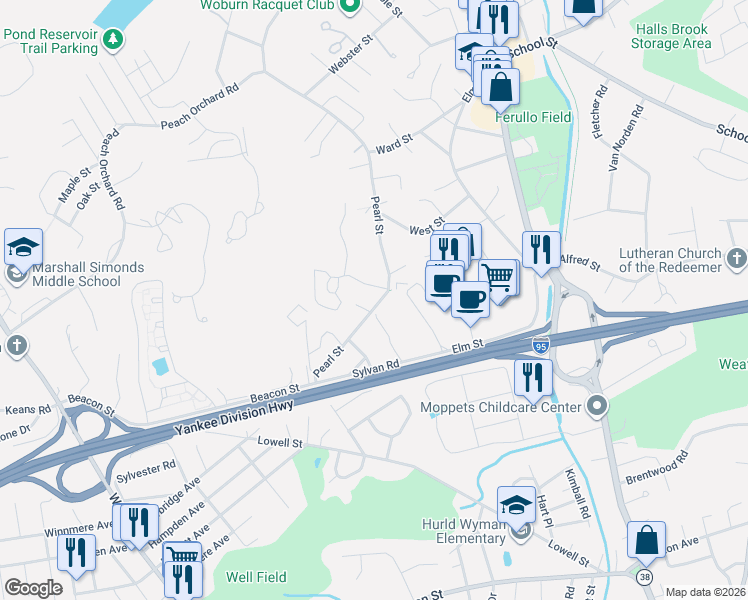 map of restaurants, bars, coffee shops, grocery stores, and more near 20 Westgate Drive in Woburn