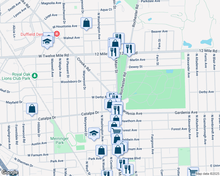 map of restaurants, bars, coffee shops, grocery stores, and more near 1414 Crooks Road in Royal Oak
