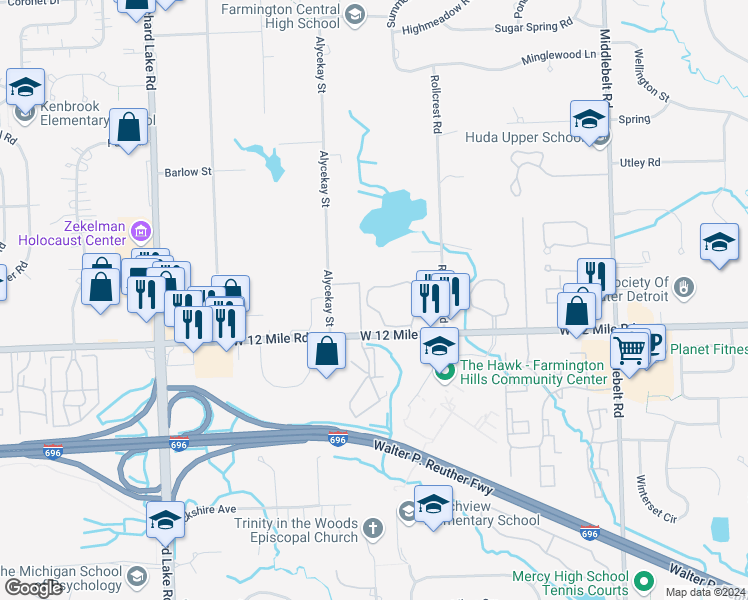 map of restaurants, bars, coffee shops, grocery stores, and more near 30052 Twelth Estate in Farmington Hills