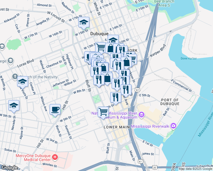 map of restaurants, bars, coffee shops, grocery stores, and more near in Dubuque