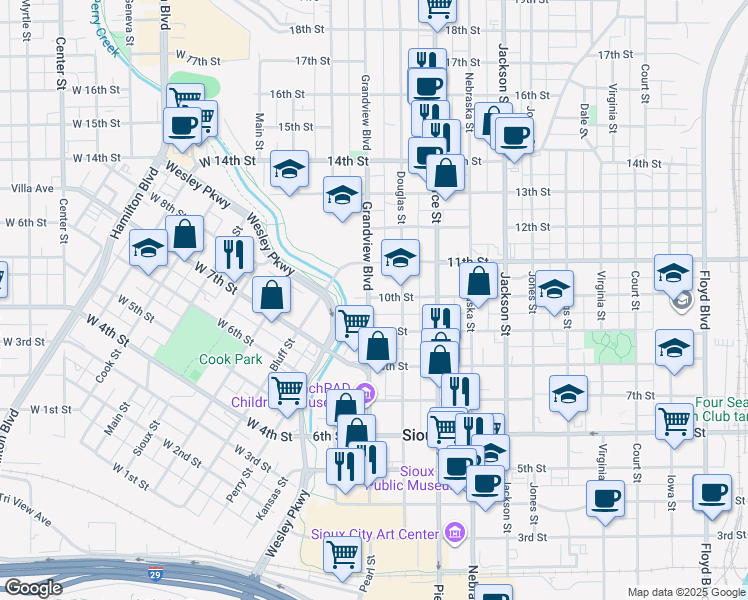 map of restaurants, bars, coffee shops, grocery stores, and more near 1001-1099 Grandview Boulevard in Sioux City