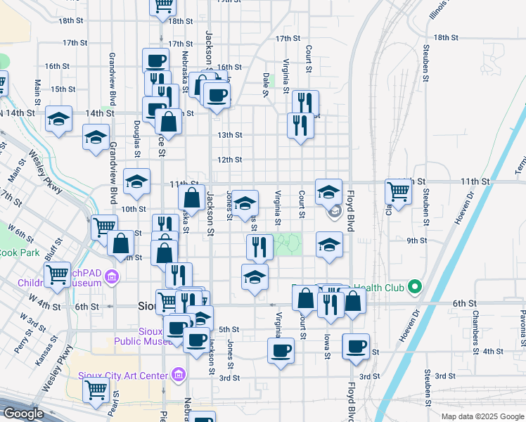 map of restaurants, bars, coffee shops, grocery stores, and more near 906 10th Street in Sioux City