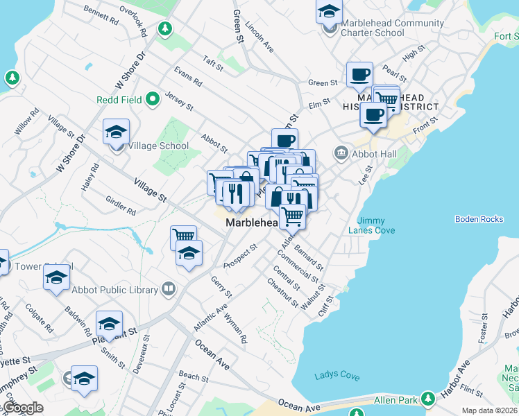 map of restaurants, bars, coffee shops, grocery stores, and more near 1 Pleasant Lane in Marblehead