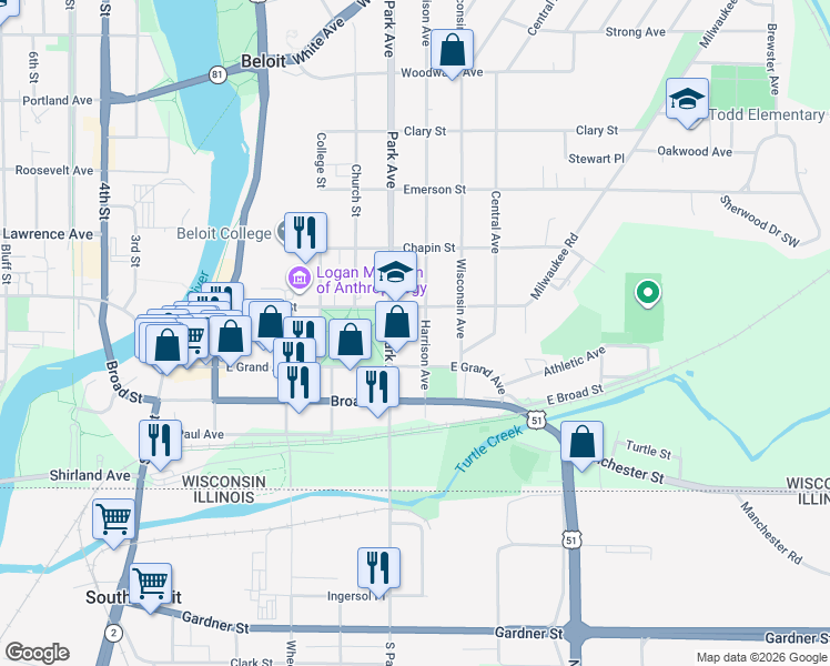 map of restaurants, bars, coffee shops, grocery stores, and more near 916 Bushnell Street in Beloit