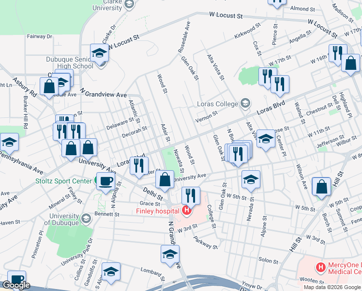 map of restaurants, bars, coffee shops, grocery stores, and more near 1419 Loras Boulevard in Dubuque