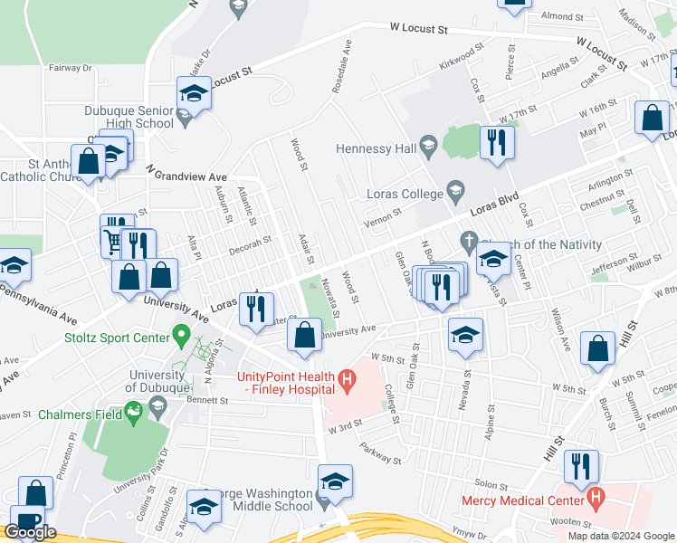 map of restaurants, bars, coffee shops, grocery stores, and more near 1410 Loras Boulevard in Dubuque