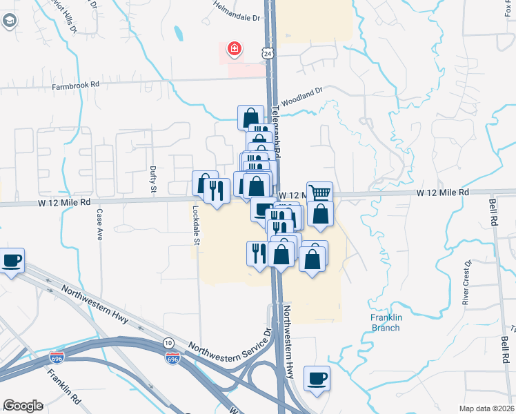 map of restaurants, bars, coffee shops, grocery stores, and more near 29001 Telegraph Road in Southfield