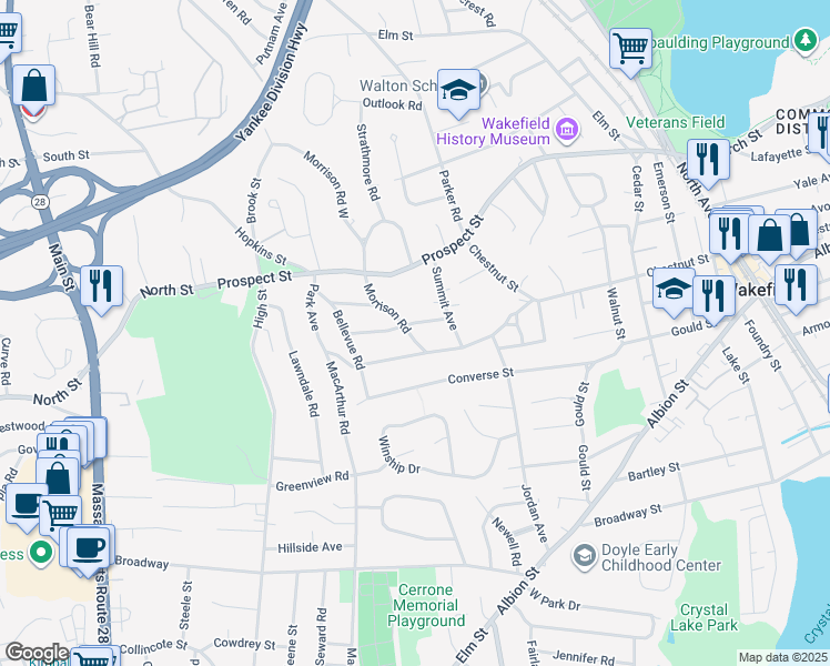 map of restaurants, bars, coffee shops, grocery stores, and more near 32 Morrison Road in Wakefield