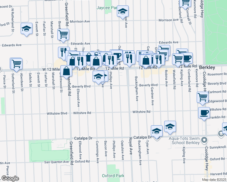 map of restaurants, bars, coffee shops, grocery stores, and more near 3185 Phillips Avenue in Berkley