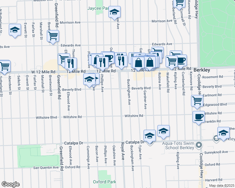 map of restaurants, bars, coffee shops, grocery stores, and more near 3186 Royal Avenue in Berkley