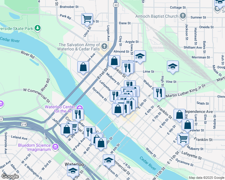 map of restaurants, bars, coffee shops, grocery stores, and more near 311 East 3rd Street in Waterloo