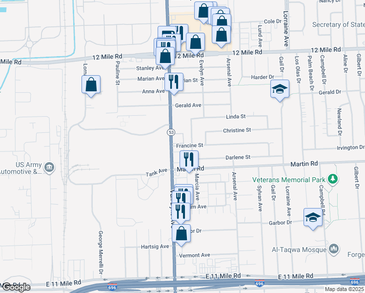 map of restaurants, bars, coffee shops, grocery stores, and more near 28225 Marcia Avenue in Warren