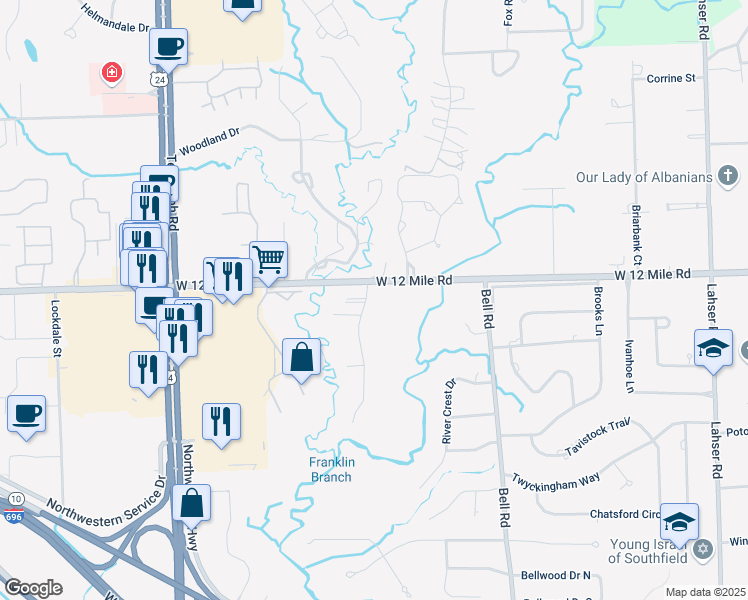 map of restaurants, bars, coffee shops, grocery stores, and more near 28895 Streamwood Lane in Southfield