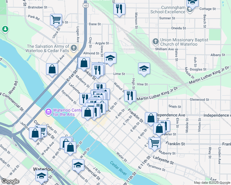 map of restaurants, bars, coffee shops, grocery stores, and more near 524 East 4th Street in Waterloo