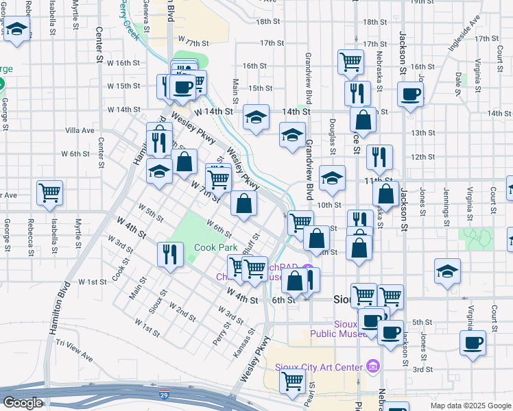 map of restaurants, bars, coffee shops, grocery stores, and more near 312 West 8th Street in Sioux City