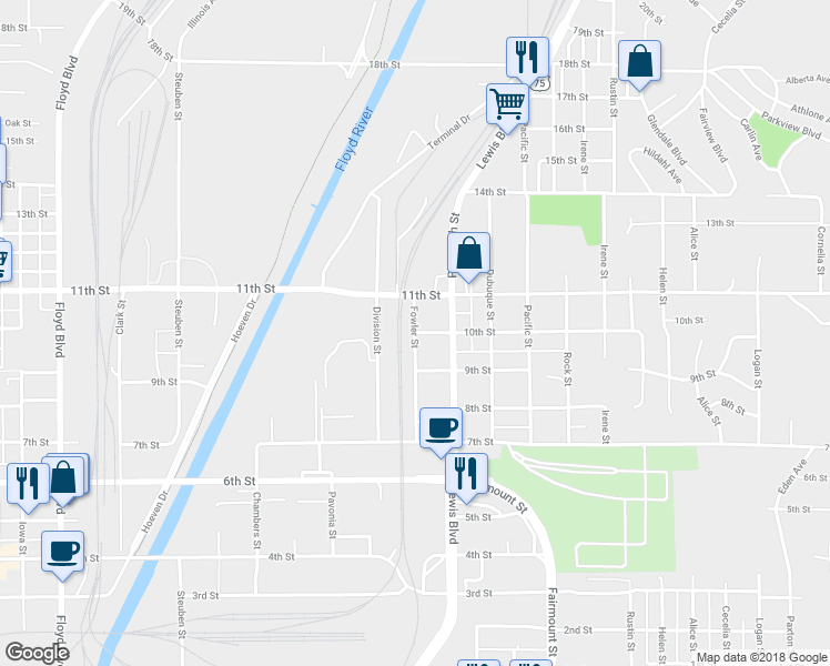map of restaurants, bars, coffee shops, grocery stores, and more near 998 Fowler Street in Sioux City