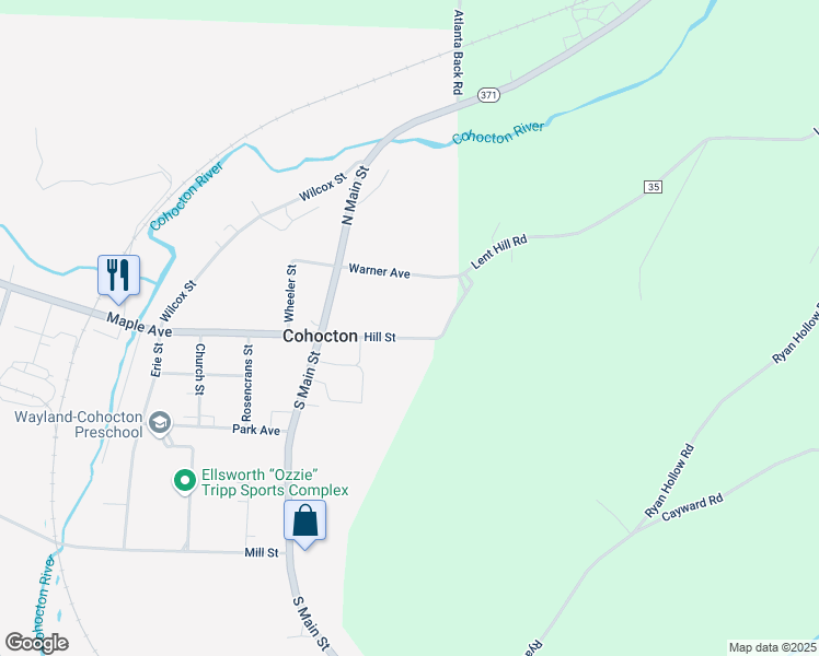map of restaurants, bars, coffee shops, grocery stores, and more near 13 Hill Street in Cohocton