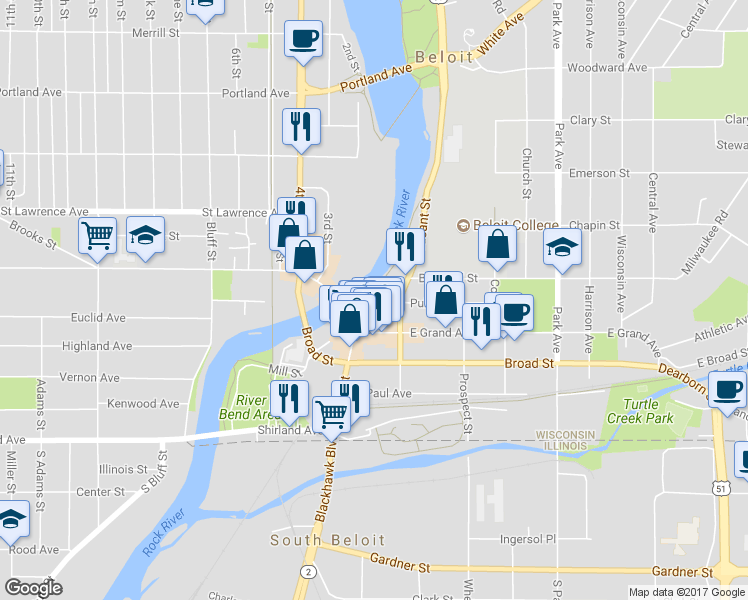 map of restaurants, bars, coffee shops, grocery stores, and more near 401 Public Avenue in Beloit