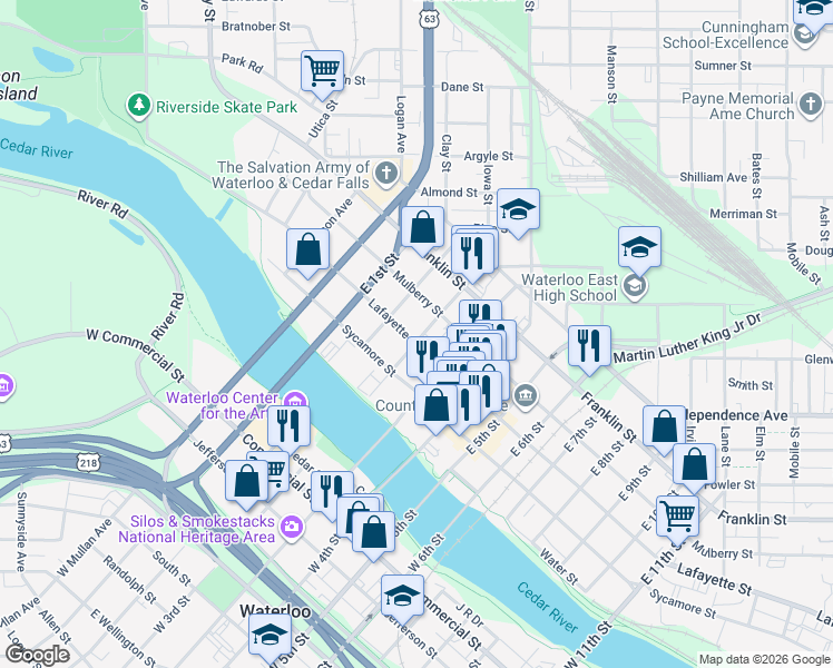 map of restaurants, bars, coffee shops, grocery stores, and more near 311 East 3rd Street in Waterloo
