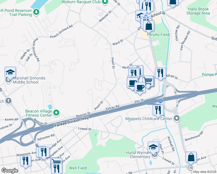 map of restaurants, bars, coffee shops, grocery stores, and more near 20 Westgate Drive in Woburn