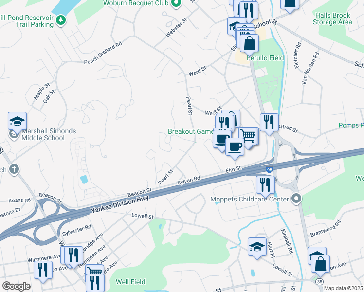 map of restaurants, bars, coffee shops, grocery stores, and more near 20 Westgate Drive in Woburn