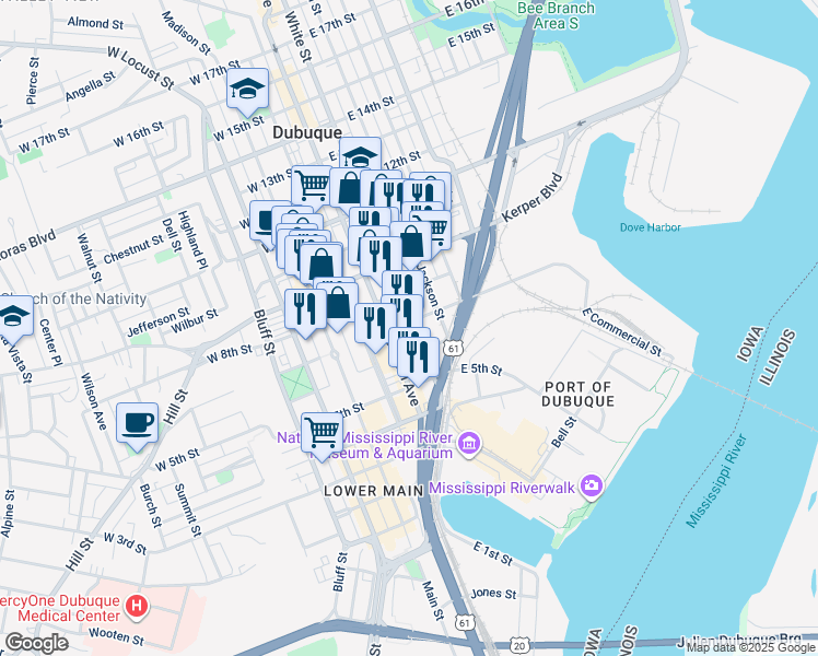 map of restaurants, bars, coffee shops, grocery stores, and more near 720 Central Avenue in Dubuque