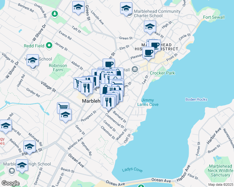 map of restaurants, bars, coffee shops, grocery stores, and more near 7 Atlantic Avenue in Marblehead
