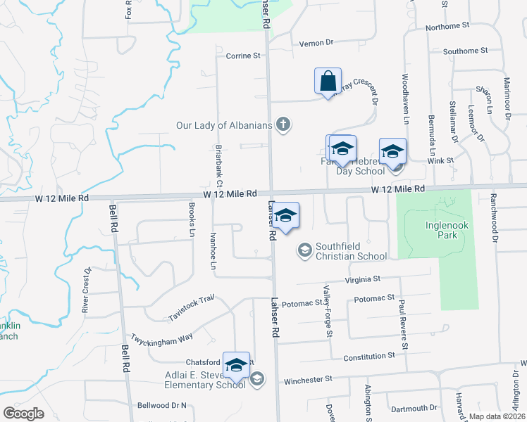 map of restaurants, bars, coffee shops, grocery stores, and more near 28851 Lahser Road in Southfield