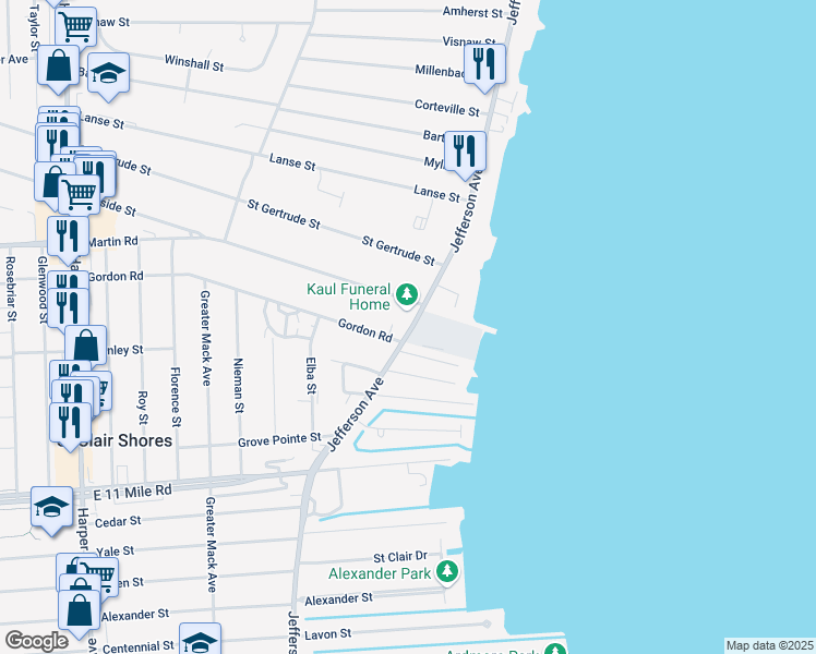 map of restaurants, bars, coffee shops, grocery stores, and more near 22631 Gordon Road in St. Clair Shores