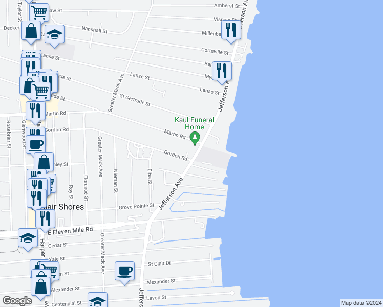 map of restaurants, bars, coffee shops, grocery stores, and more near 22631 Gordon Road in St. Clair Shores