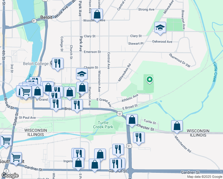 map of restaurants, bars, coffee shops, grocery stores, and more near 1216 Bushnell Street in Beloit