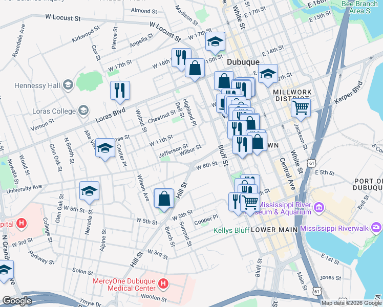 map of restaurants, bars, coffee shops, grocery stores, and more near 501-571 Wilbur Street in Dubuque
