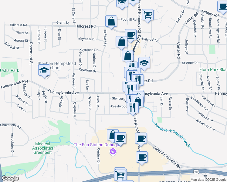 map of restaurants, bars, coffee shops, grocery stores, and more near 1710 Westridge Court in Dubuque