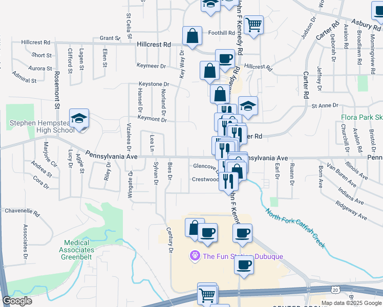 map of restaurants, bars, coffee shops, grocery stores, and more near 1710 Westridge Court in Dubuque