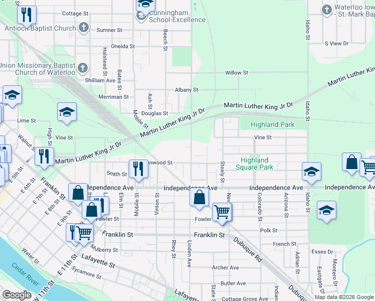 map of restaurants, bars, coffee shops, grocery stores, and more near 914 Linden Avenue in Waterloo
