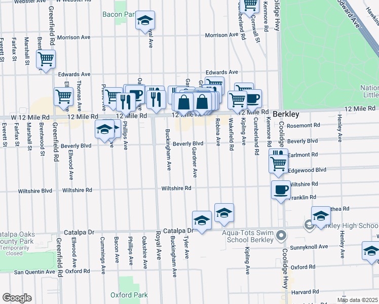 map of restaurants, bars, coffee shops, grocery stores, and more near in Berkley