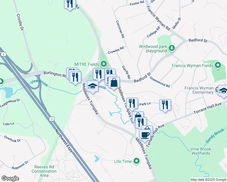 map of restaurants, bars, coffee shops, grocery stores, and more near 240 Middlesex Turnpike in Burlington