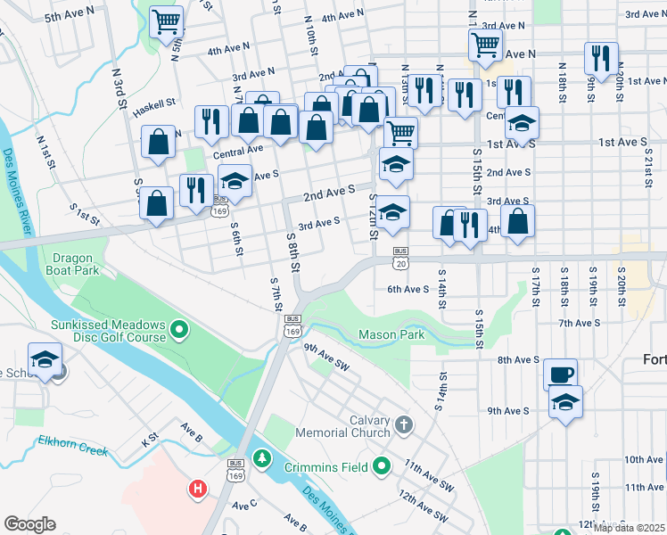 map of restaurants, bars, coffee shops, grocery stores, and more near 416 South 10th Street in Fort Dodge