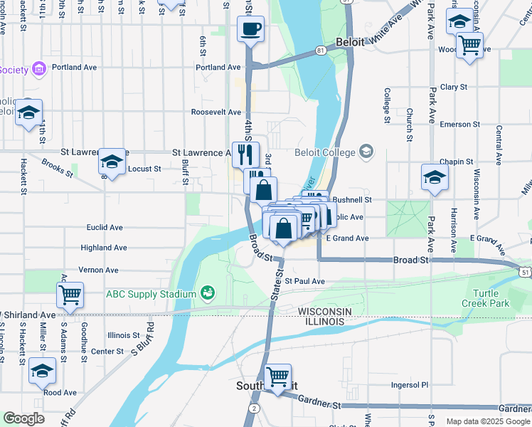 map of restaurants, bars, coffee shops, grocery stores, and more near 120 West Grand Avenue in Beloit