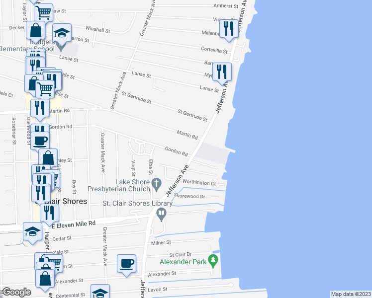 map of restaurants, bars, coffee shops, grocery stores, and more near 22631 Gordon Road in St. Clair Shores