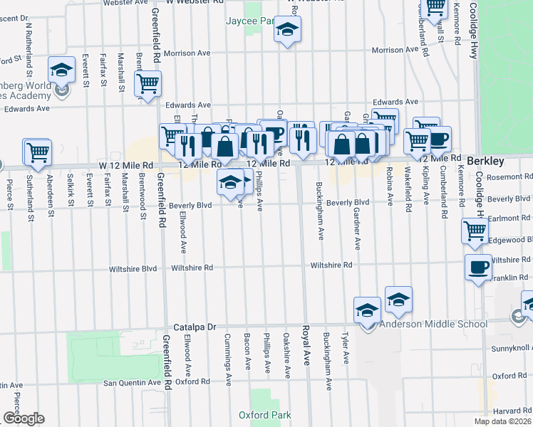map of restaurants, bars, coffee shops, grocery stores, and more near 3175 Oakshire Avenue in Berkley