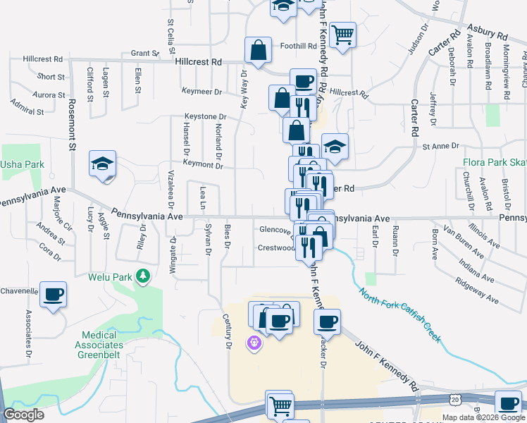 map of restaurants, bars, coffee shops, grocery stores, and more near 1710 Westridge Court in Dubuque